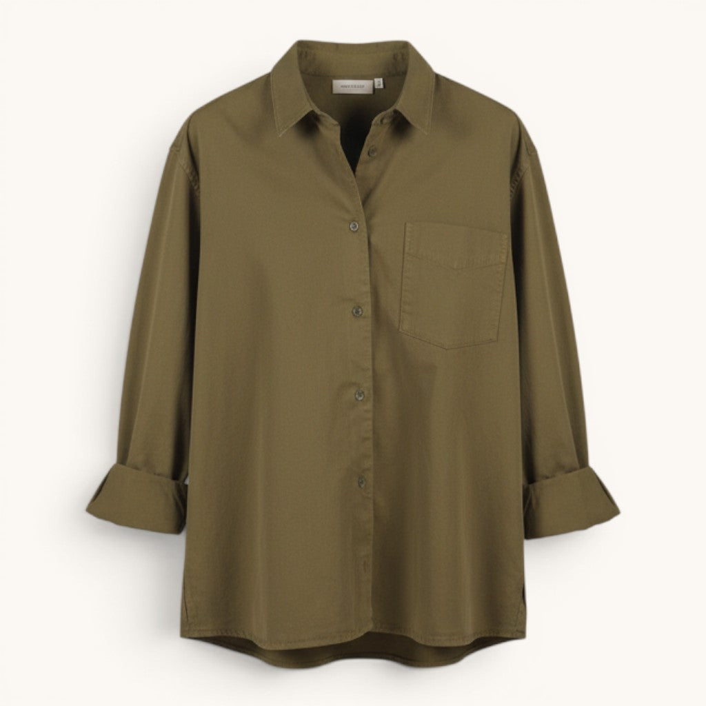 Numero 5 olive green cotton button-up shirt with chest pocket and rolled sleeves.