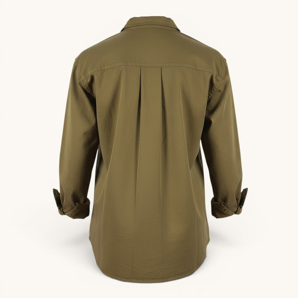 Numero 5 olive green cotton shirt with button-down collar, long sleeves, and back pleats.