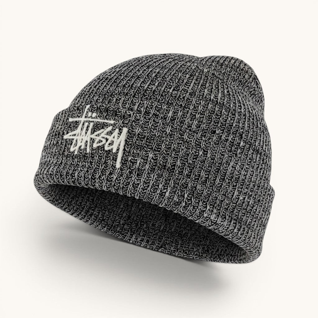 Numero 5 Stussy grey marled knit bucket hat with embroidered logo. Soft fabric, streetwear style.
