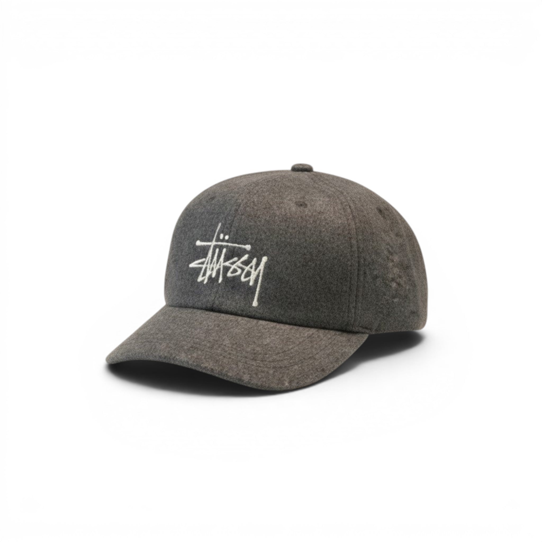 Numero 5 Stussy grey wool blend baseball cap with white embroidered logo. Streetwear style, one size fits all.