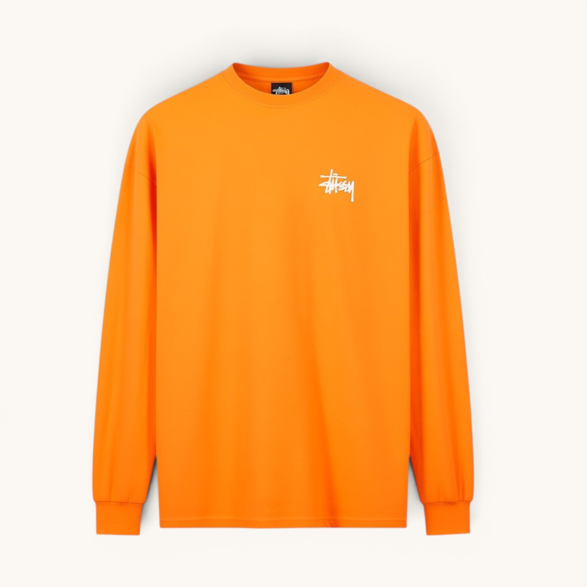 Numero 5 Maglia a manica lunga arancione fluo Stussy in cotone con logo bianco sul petto, vestibilità regolare.