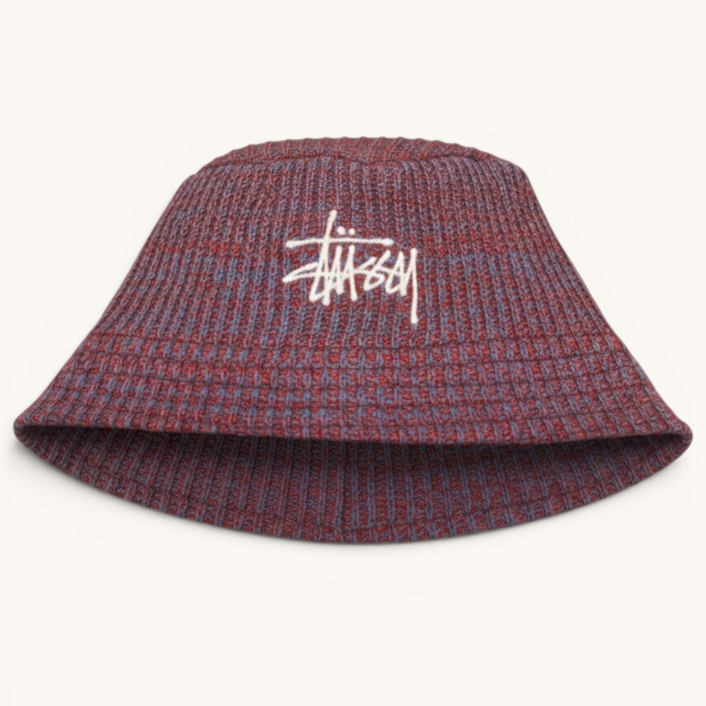 Numero 5 Stussy fisherman hat in purple knit with white embroidered logo. Streetwear design for men.
