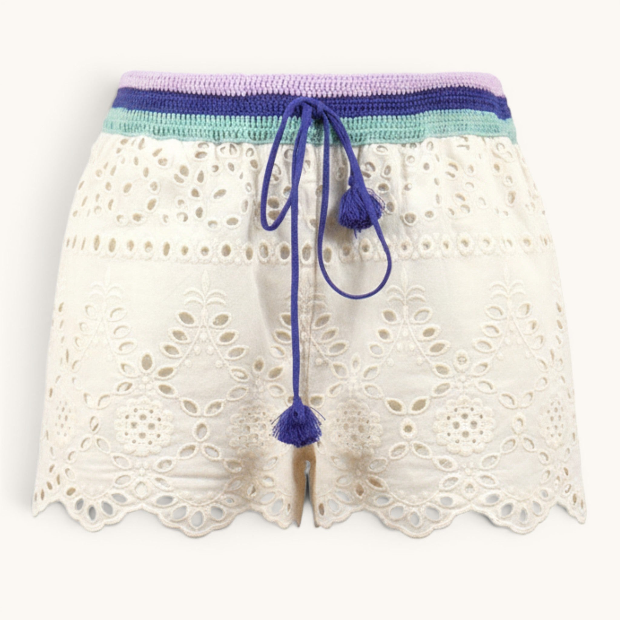 Numero 5 white cotton eyelet shorts with crochet waistband and drawstring detail.