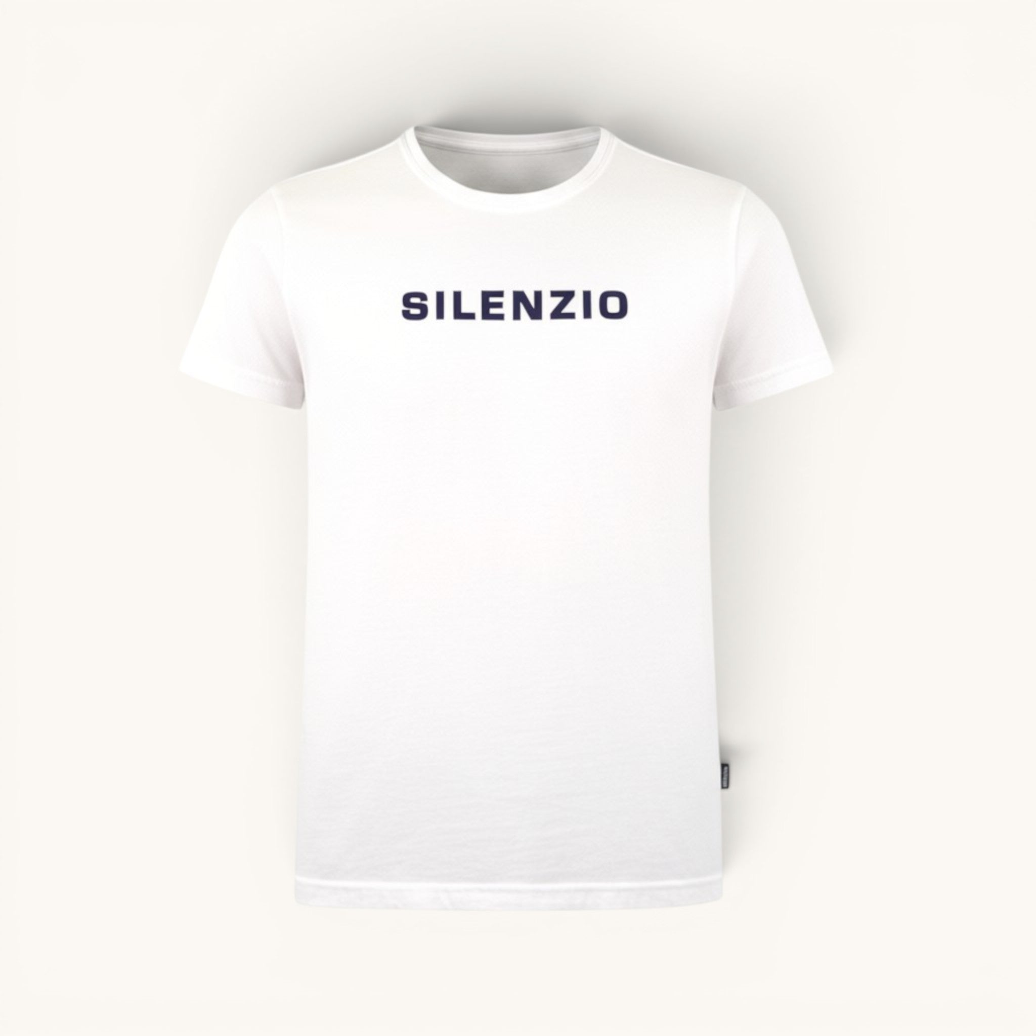 Numero 5 men's white 100% cotton t-shirt with navy blue 'SILENZIO' logo on chest, regular fit.