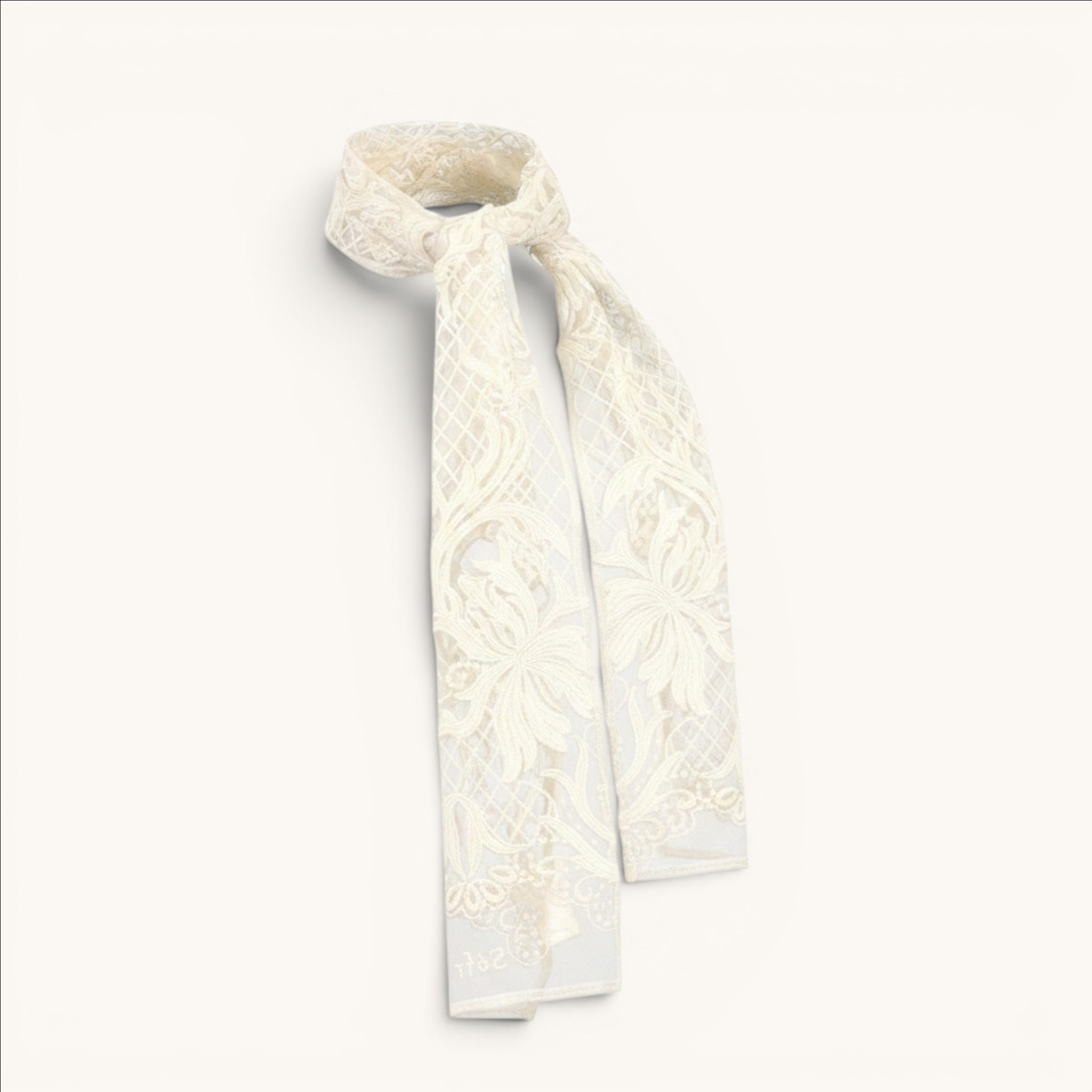 Numero 5 white 100% nylon lace scarf with intricate floral pattern and subtle branding.