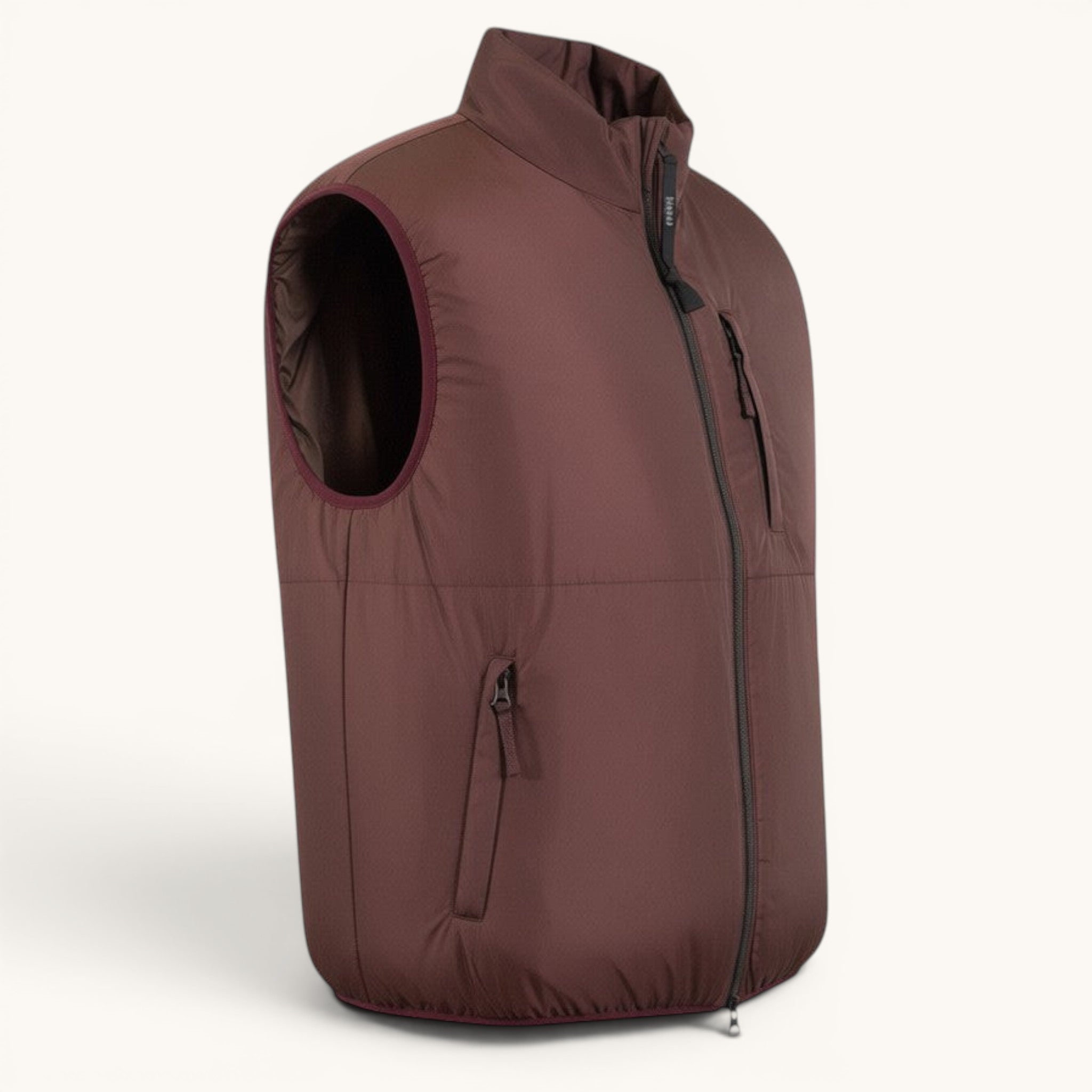 Numero 5 Aspesi bordeaux quilted vest with zip pockets and stand-up collar.