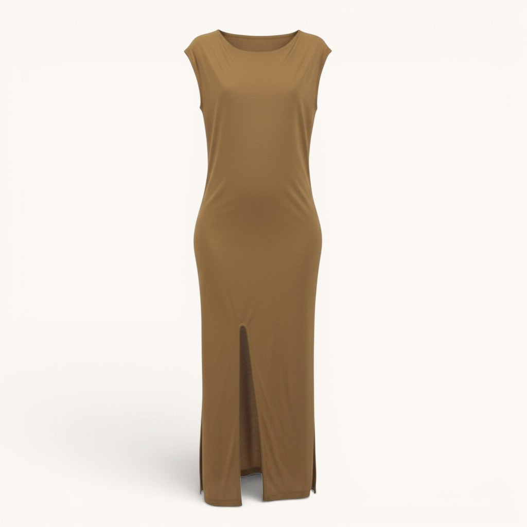 Numero 5 women's beige 100% wool maxi dress with crew neck and side slits, perfect for summer.