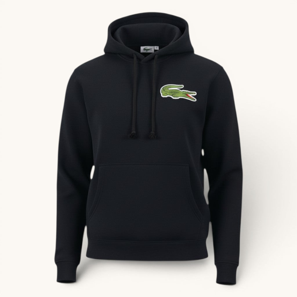 Numero 5 black cotton hoodie for women with drawstring hood and Lacoste logo on the chest.
