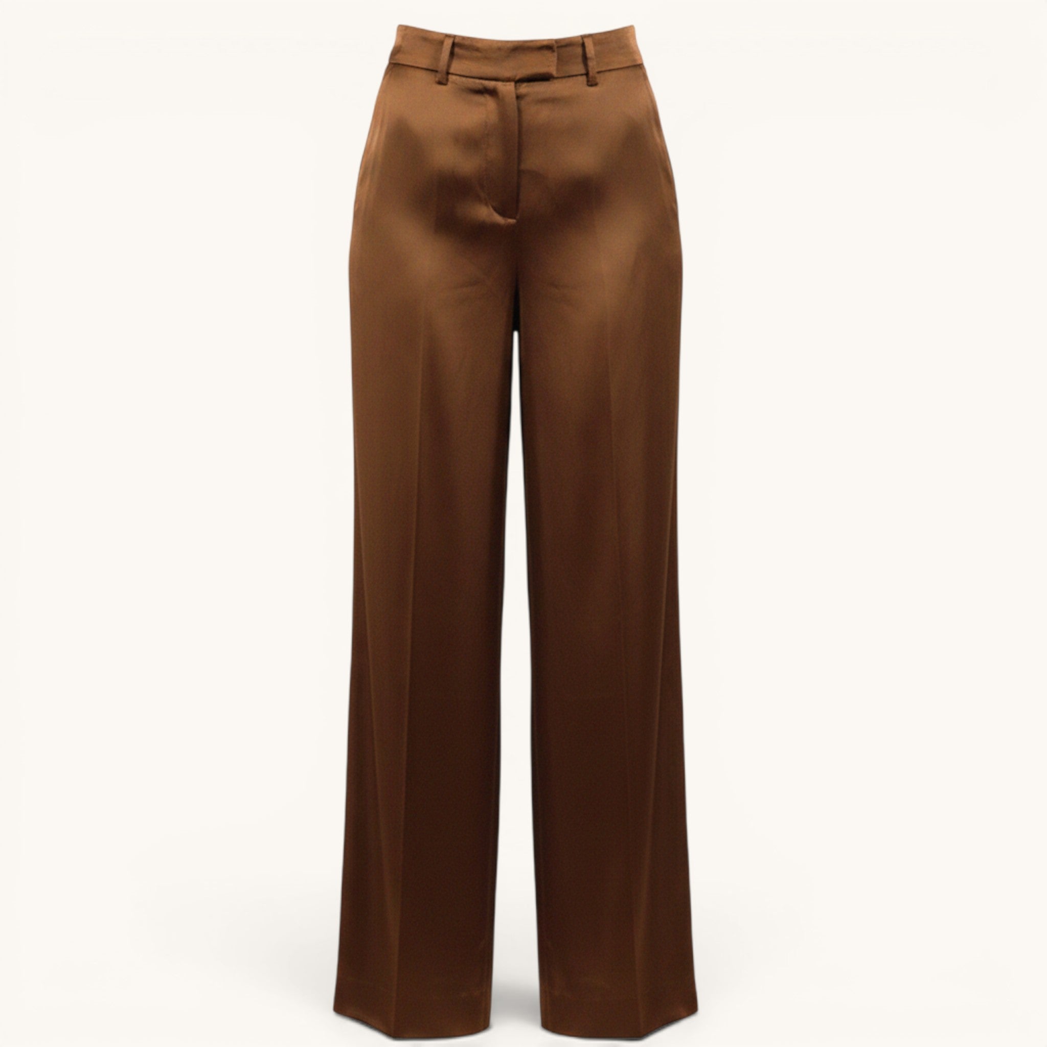 Numero 5 brown acetate and silk palazzo pants with regular fit, belt loops, and back pocket.