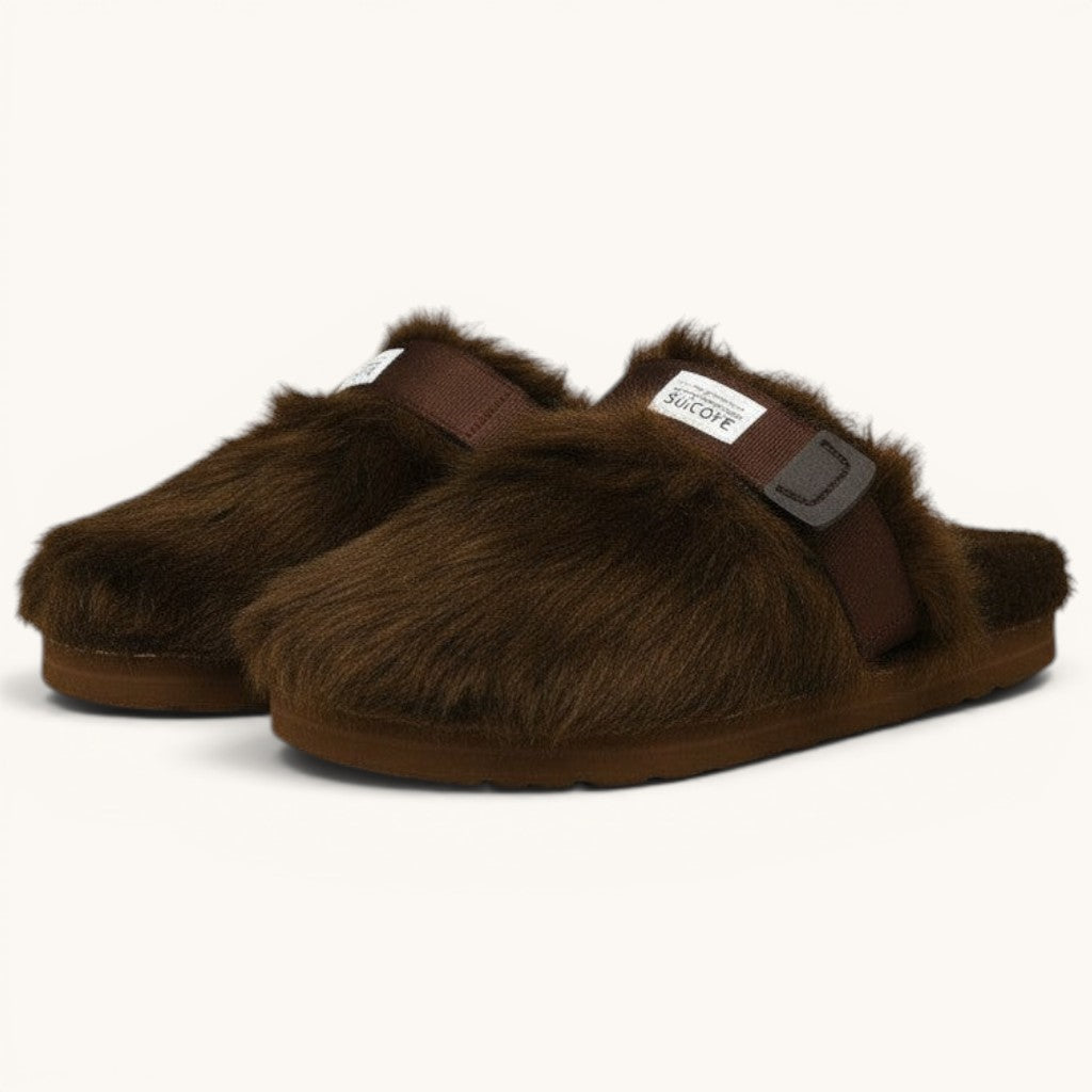 Numero 5: Brown fuzzy Suicoke slip-on sandals with adjustable strap and white logo detail.