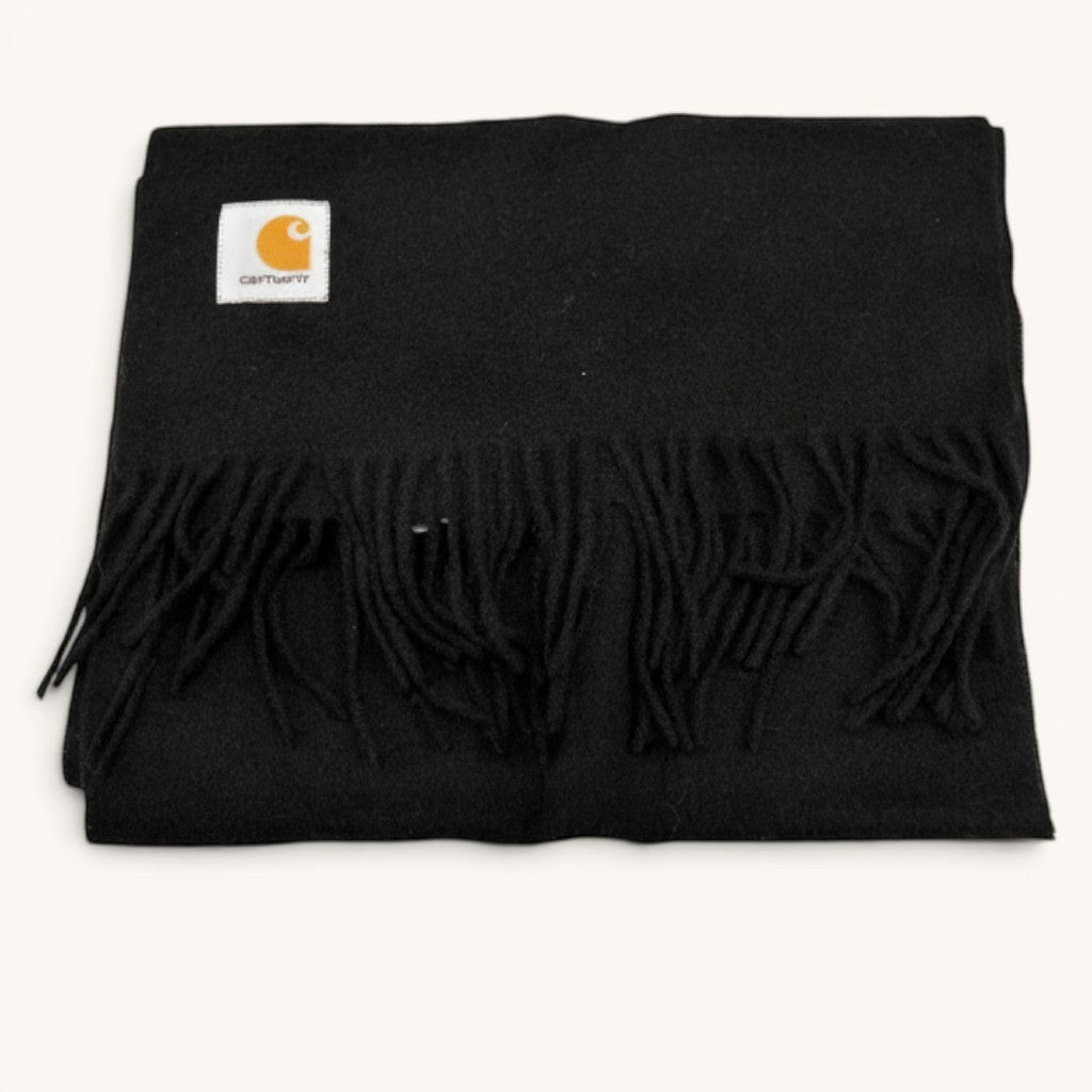 Numero 5 Carhartt WIP black essential scarf with fringe detail and woven logo patch. One size fits all.