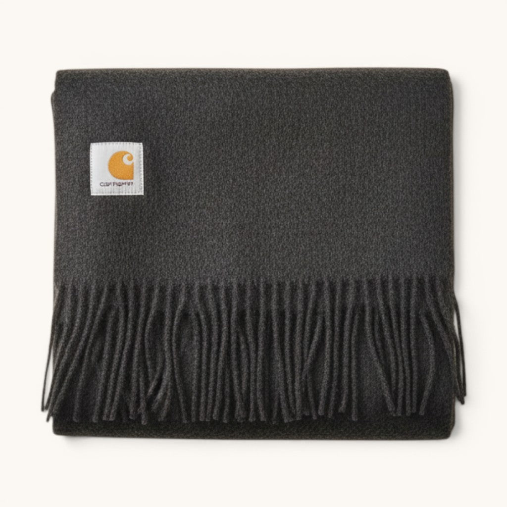Numero 5 Carhartt WIP grey wool blend scarf with fringe detail and utility design. One size fits all.