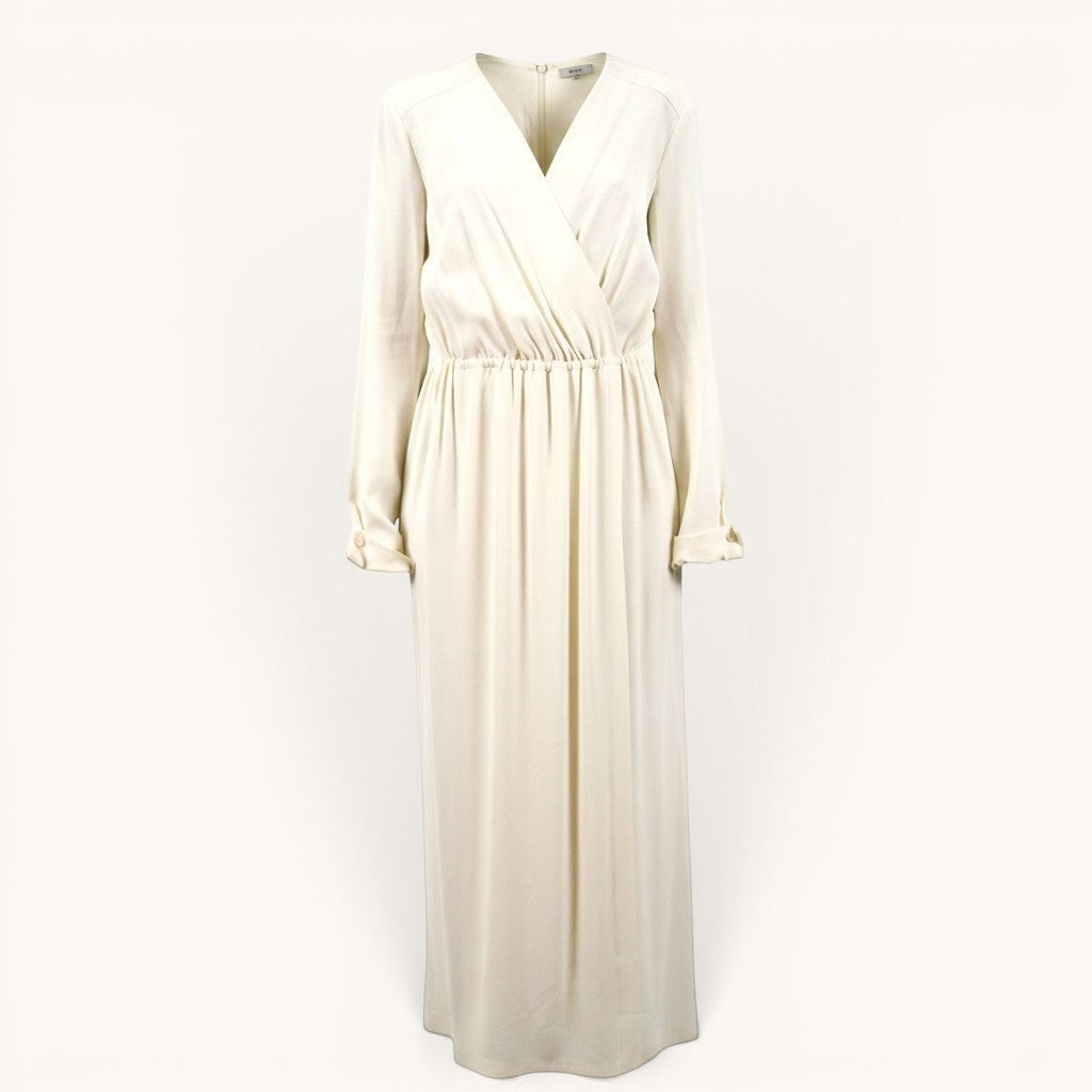 Numero 5 cream viscose-acetate blend long sleeve wrap dress with elasticated waist and button cuffs.