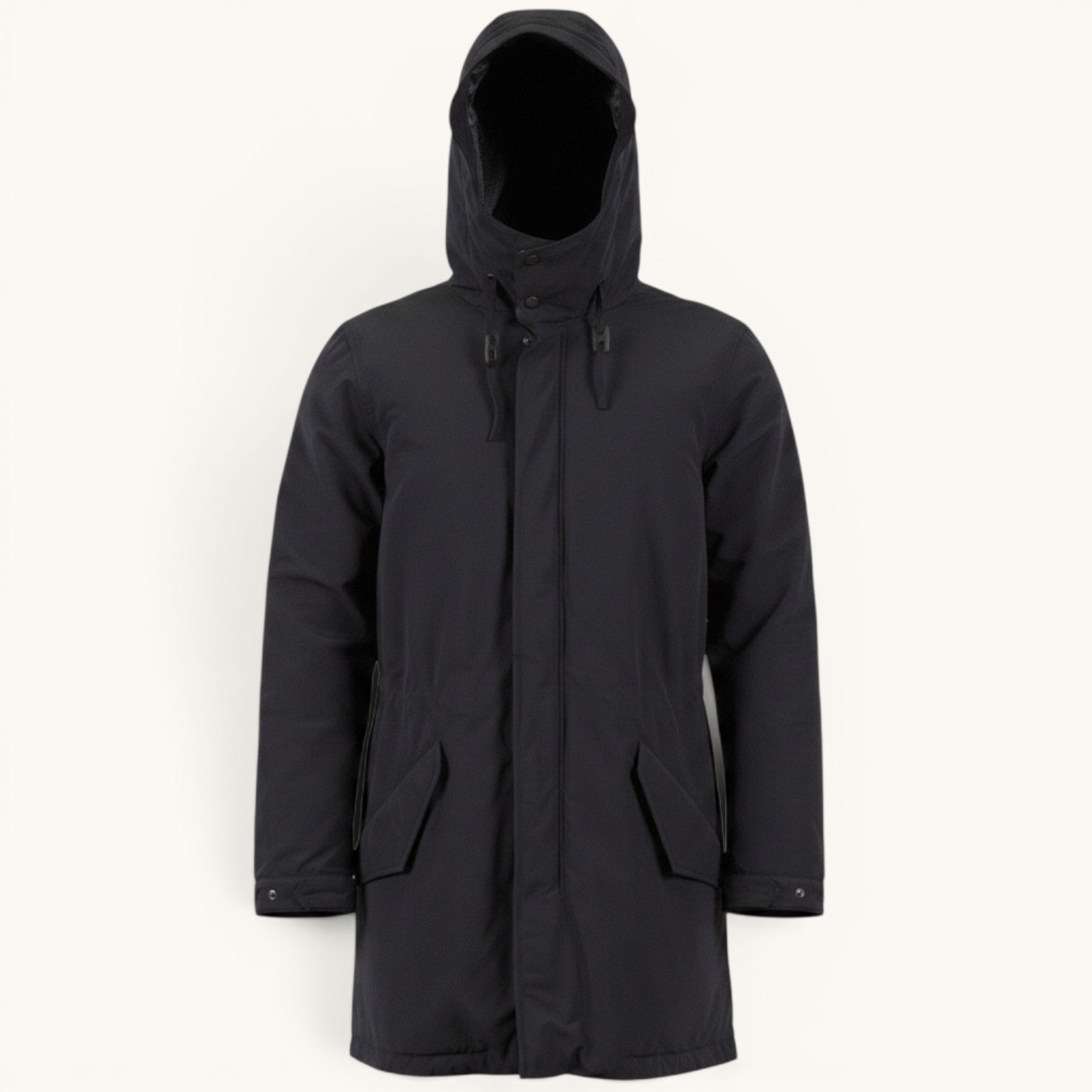 Numero 5 men's dark blue wool blend parka with hood and regular fit. Warm and functional for cold weather.