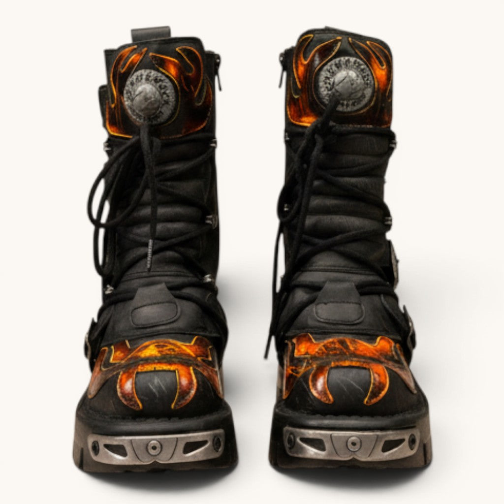 Numero 5 New Rock black leather platform boots with flame skull design and silver buckle details.