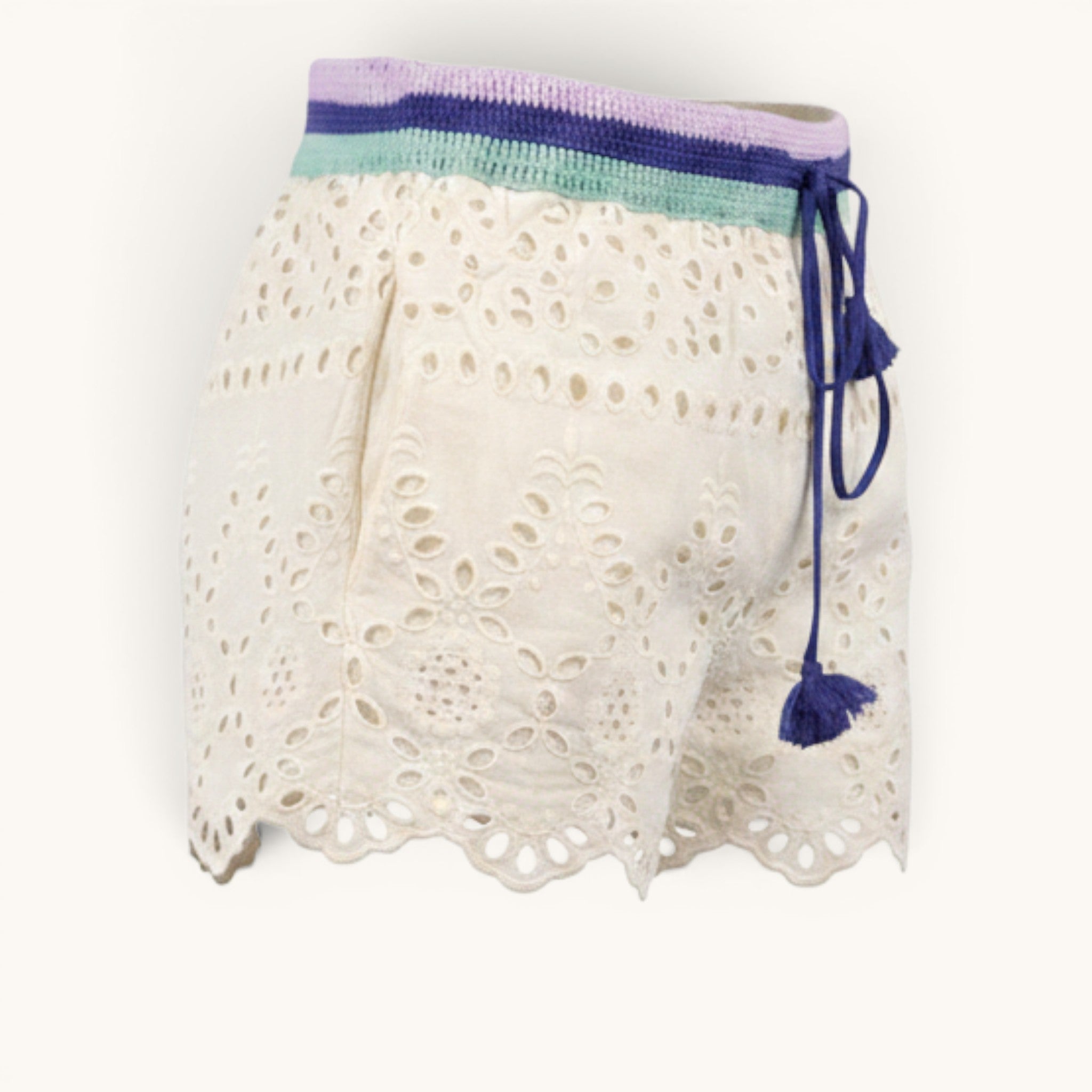 Numero 5 white cotton eyelet shorts with crochet waistband and blue drawstring with tassel.